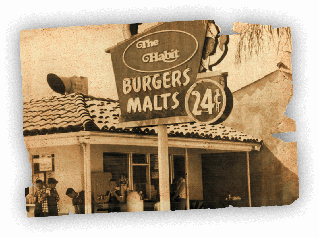 1969 black and white photo of the first Habit Burger