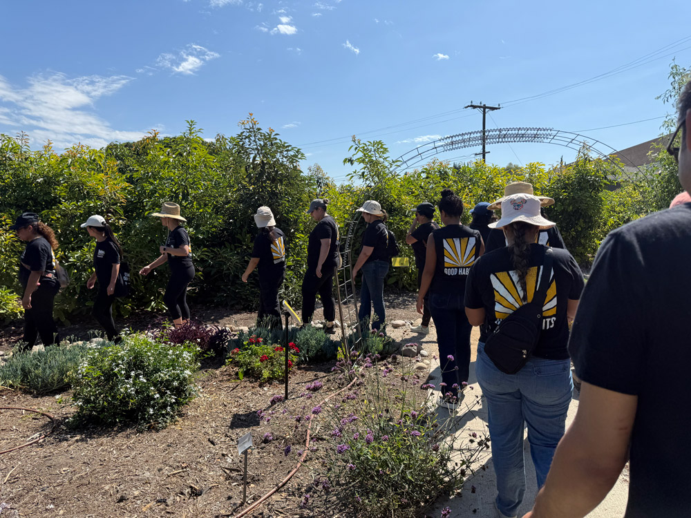 Habit Burger & Grill team members walk the beautiful gardens at The Giving Farm in Orange County, California.