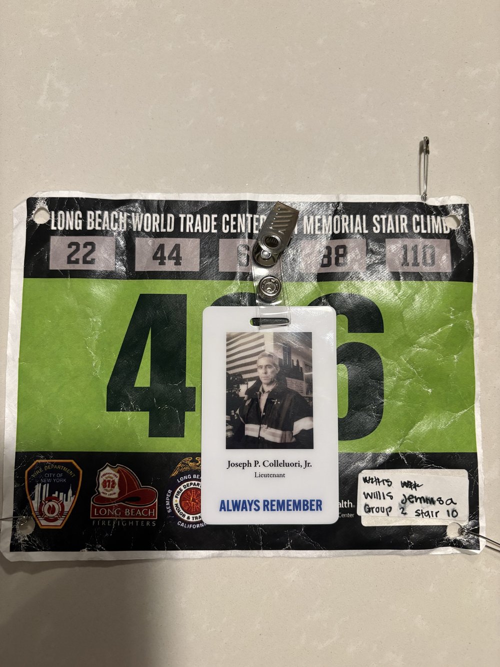 Habit Team's bib and honoree at the Long Beach Fire Department Participants at the Long Beach World Trade Center 9/11 Memorial Stair Climb