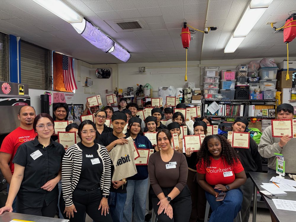Habit volunteers and high school ProStart students holding certificates at FIT Day 2026